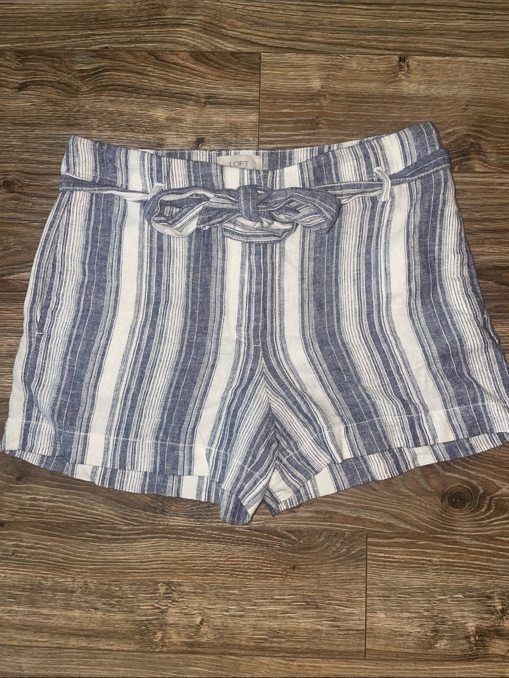 LOFT Navy and White Striped Tie-Waist Linen-Blend Shorts